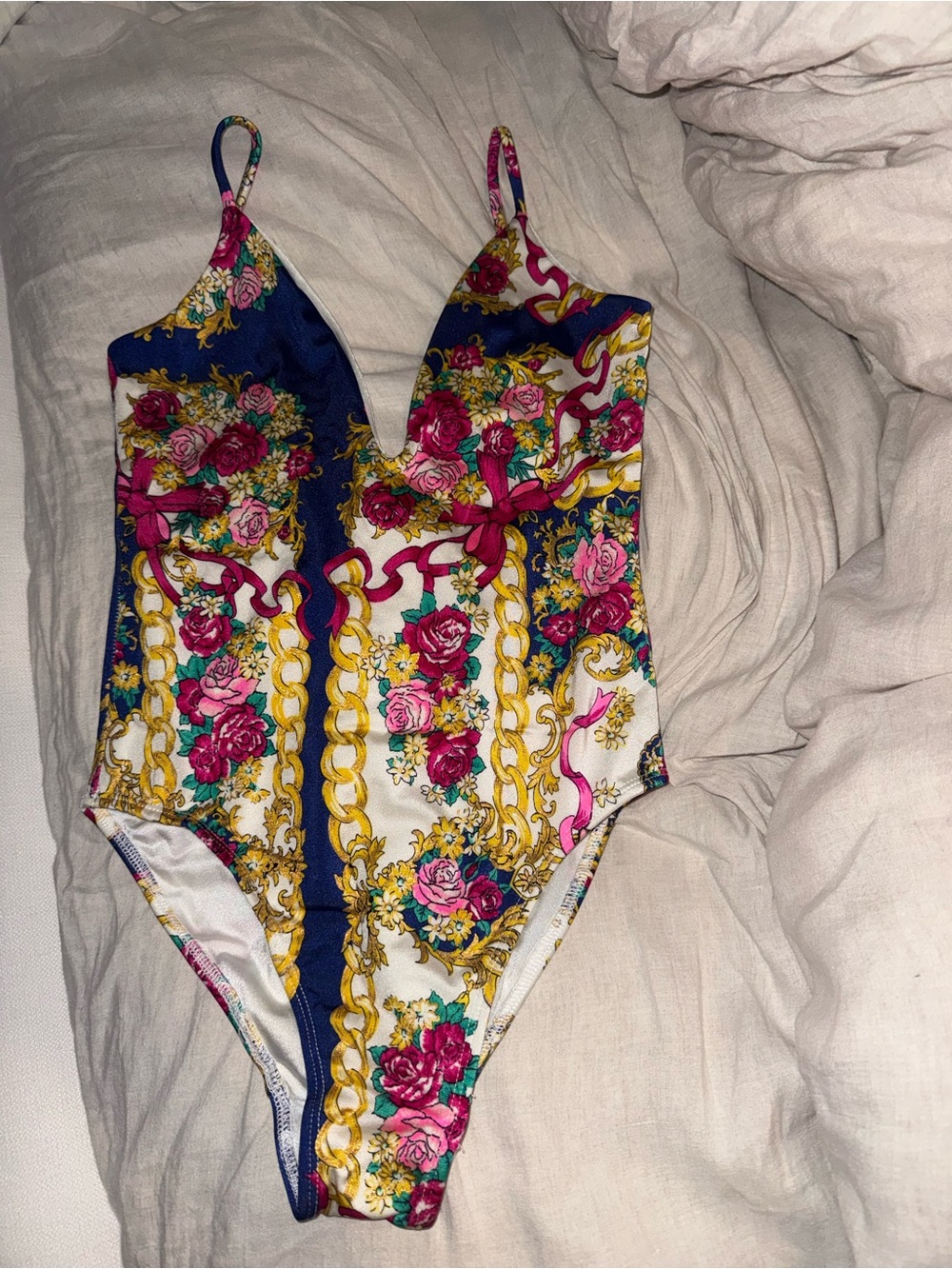 Lurelly Floral Baroque Chain Print Plunge One
Piece Swimsuit - Made in LA, New